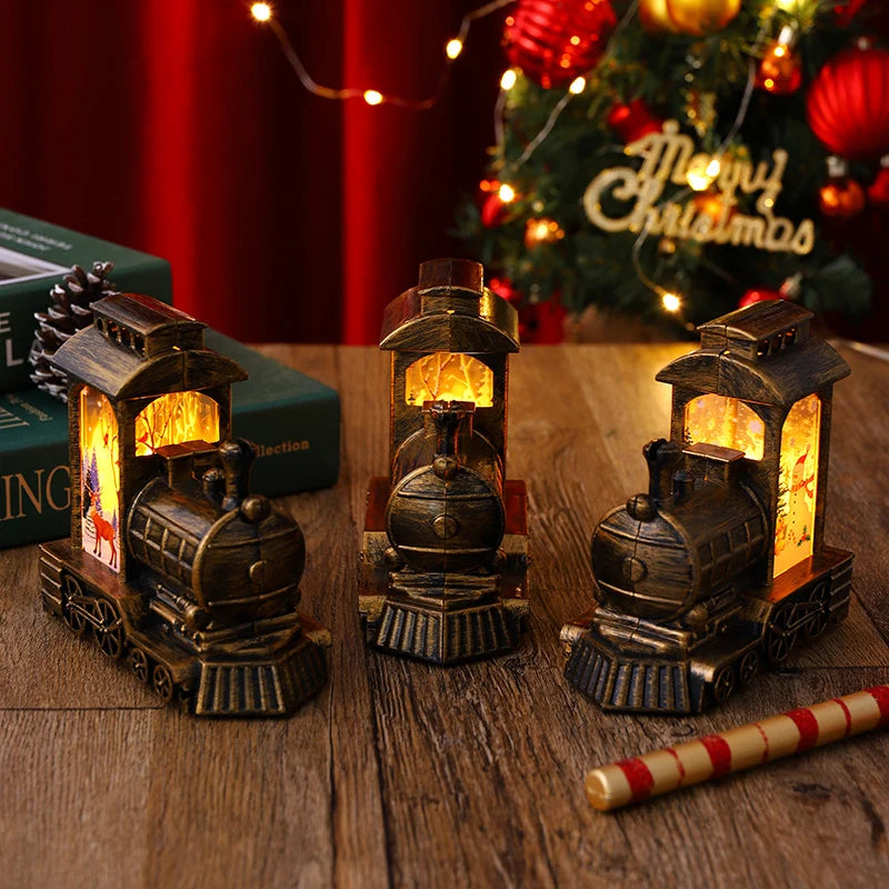 Christmas Lantern Train Scene Gold Finish Warm LED