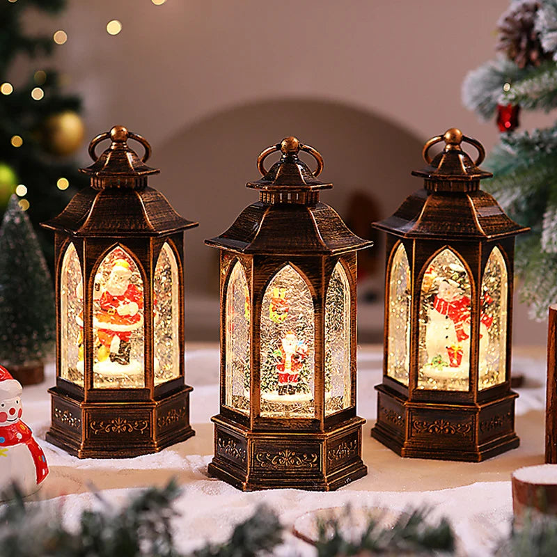 Christmas Lantern Warm White LED Snowman Scene