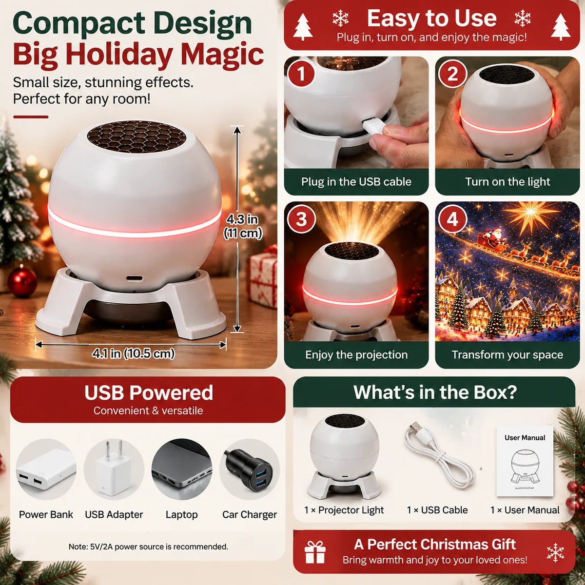 Christmas Light Projector Moving Holiday Scenes USB Powered