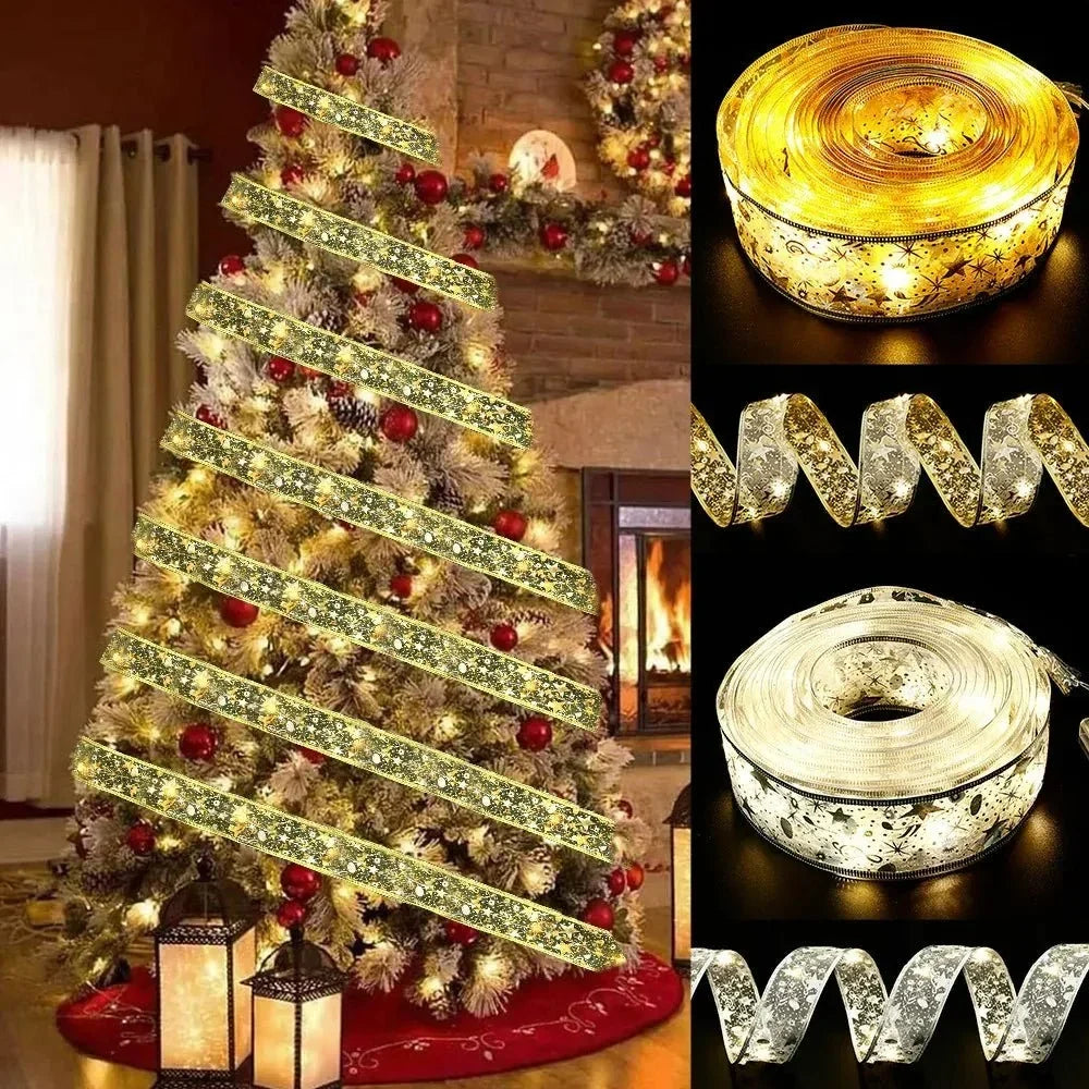 Christmas Ribbon Lights Wire-Reinforced Organza Battery-Powered 10 Meters