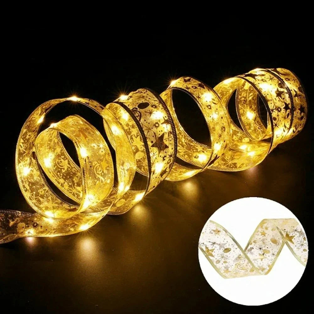 Christmas Ribbon Lights Wire-Reinforced Organza Battery-Powered 10 Meters