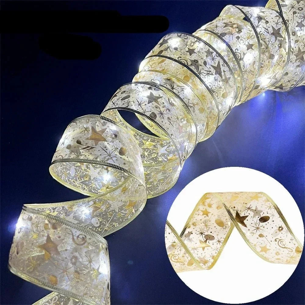 Christmas Ribbon Lights Wire-Reinforced Organza Battery-Powered 10 Meters