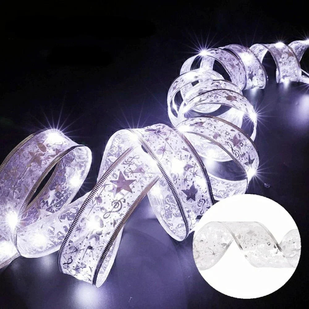 Christmas Ribbon Lights Wire-Reinforced Organza Battery-Powered 10 Meters