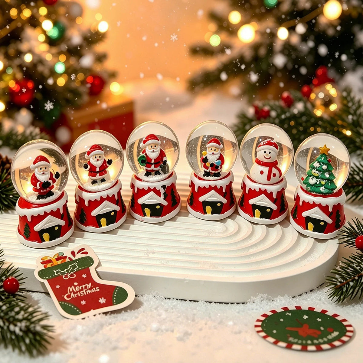 Christmas Snow Globe Shatterproof Glass Santa & Tree Figurines