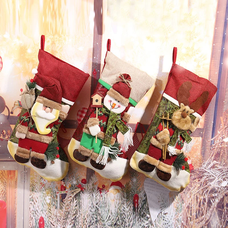 Christmas Stocking Reindeer Design Soft Durable Fabric Hanging Loop