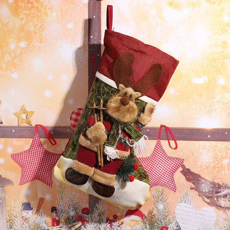 Christmas Stocking Reindeer Design Soft Durable Fabric Hanging Loop