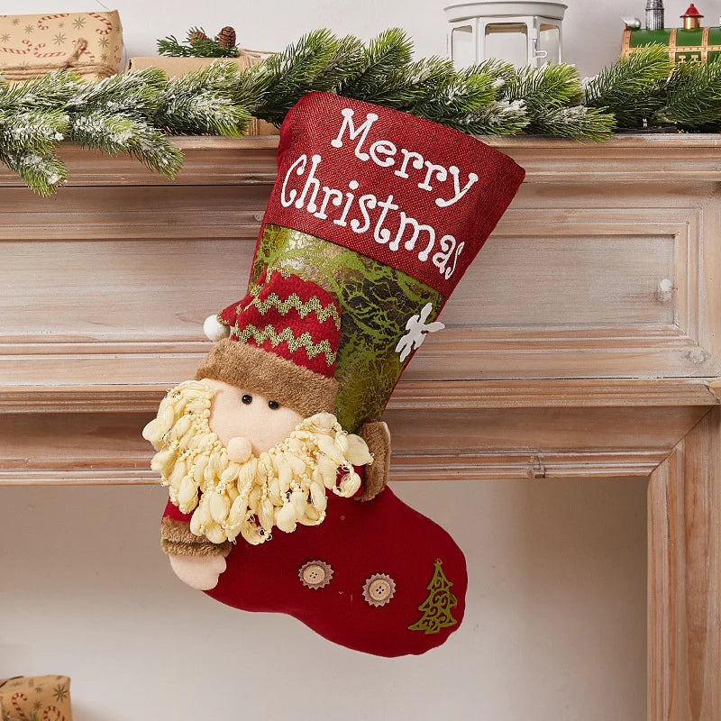 Christmas Stocking Soft Plush Santa & Snowflake Design