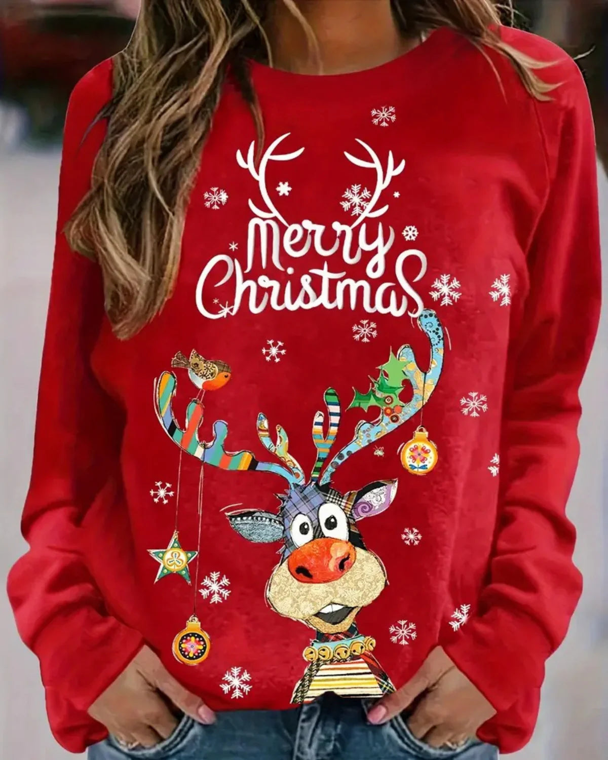 Christmas Sweater Reindeer Print Raglan Sleeves