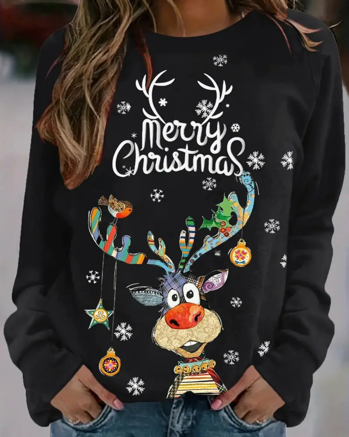 Christmas Sweater Reindeer Print Raglan Sleeves