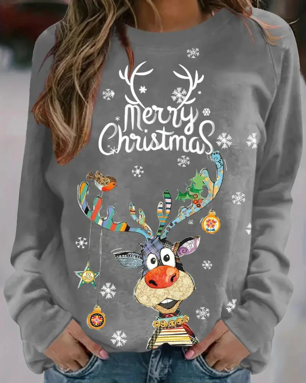 Christmas Sweater Reindeer Print Raglan Sleeves