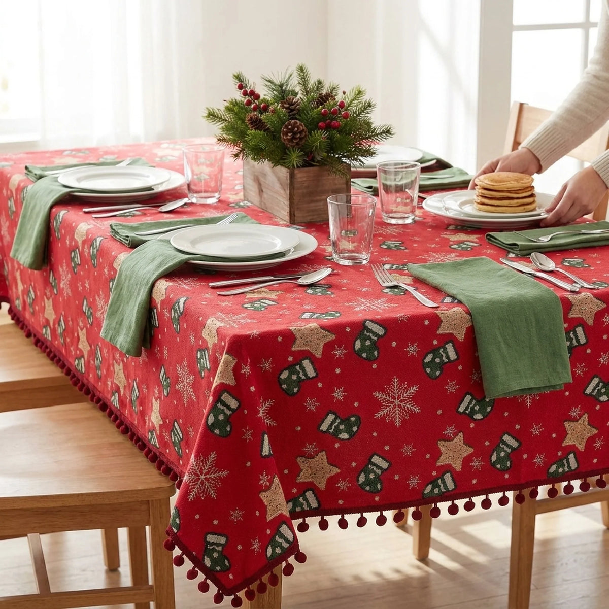 Christmas Tablecloth Festive Snowflake & Stockings Multiple Sizes