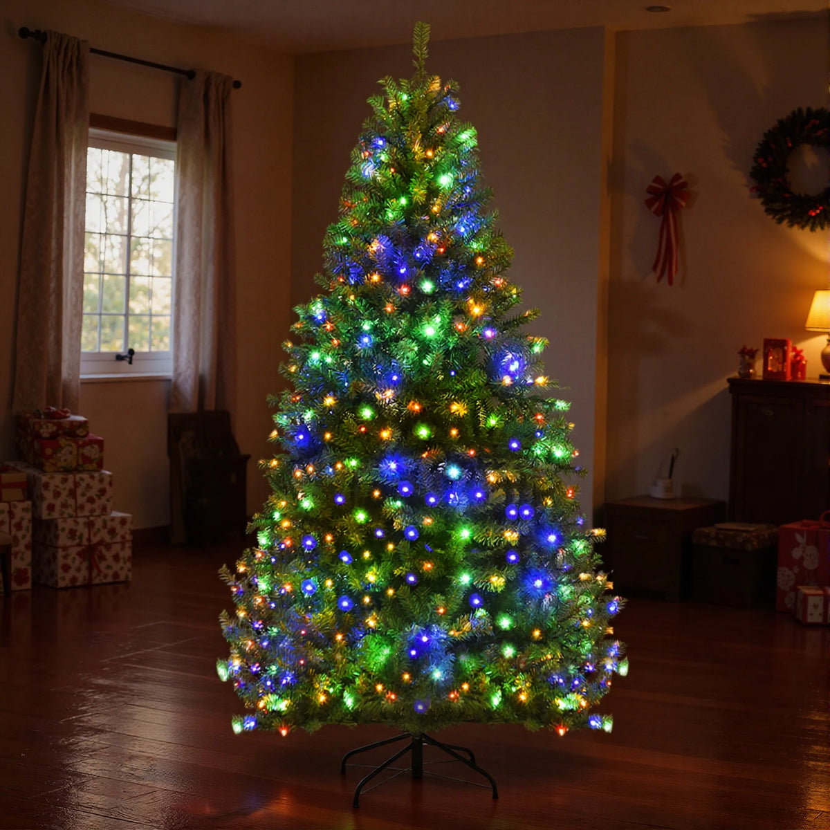 Christmas Tree Pre-Lit Warm White & Multicolor LEDs 6 Ft Hinged Branches