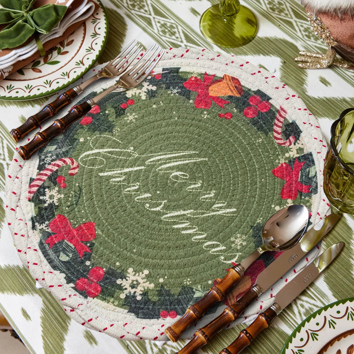 Christmas Tree Skirt Quilted Braided Cotton Conceals Cords