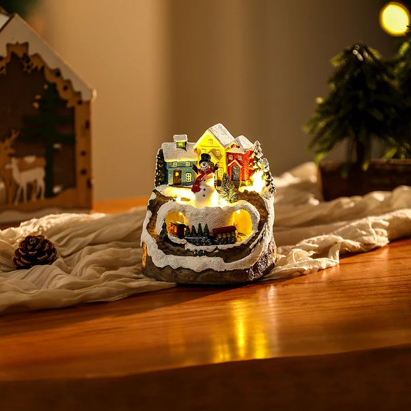 Christmas Village Scene Illuminated Snowman & Handcrafted Details