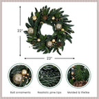 Christmas Wreath 22 Inch Gold Ornaments & Pine Cones