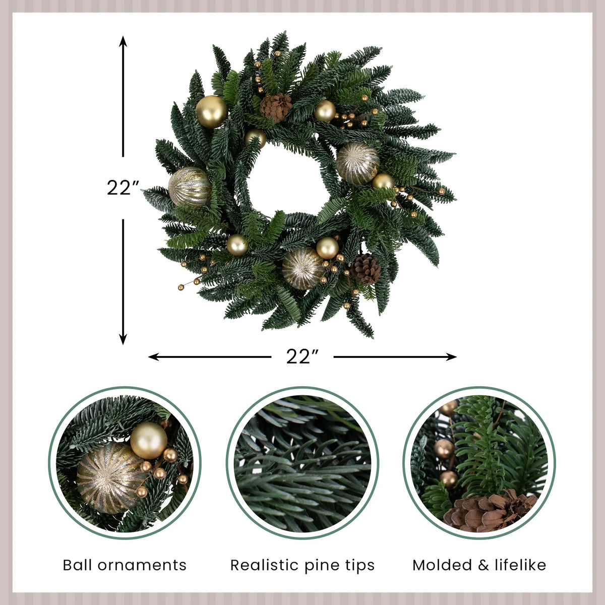 Christmas Wreath 22 Inch Gold Ornaments & Pine Cones