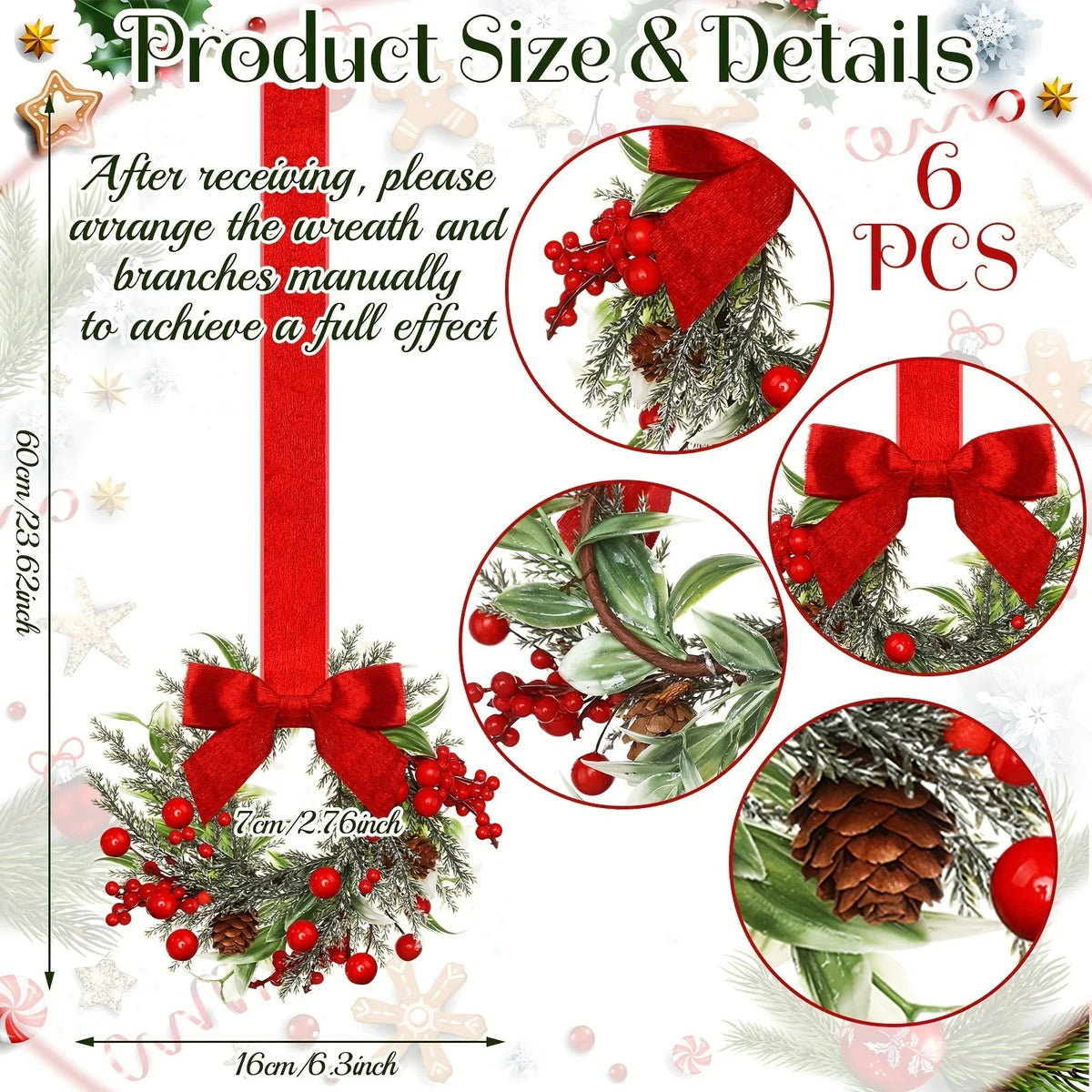 Christmas Wreath Red Bows & Pinecones Polyester Greenery