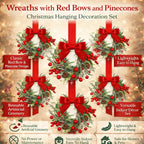 Christmas Wreath Red Bows & Pinecones Polyester Greenery