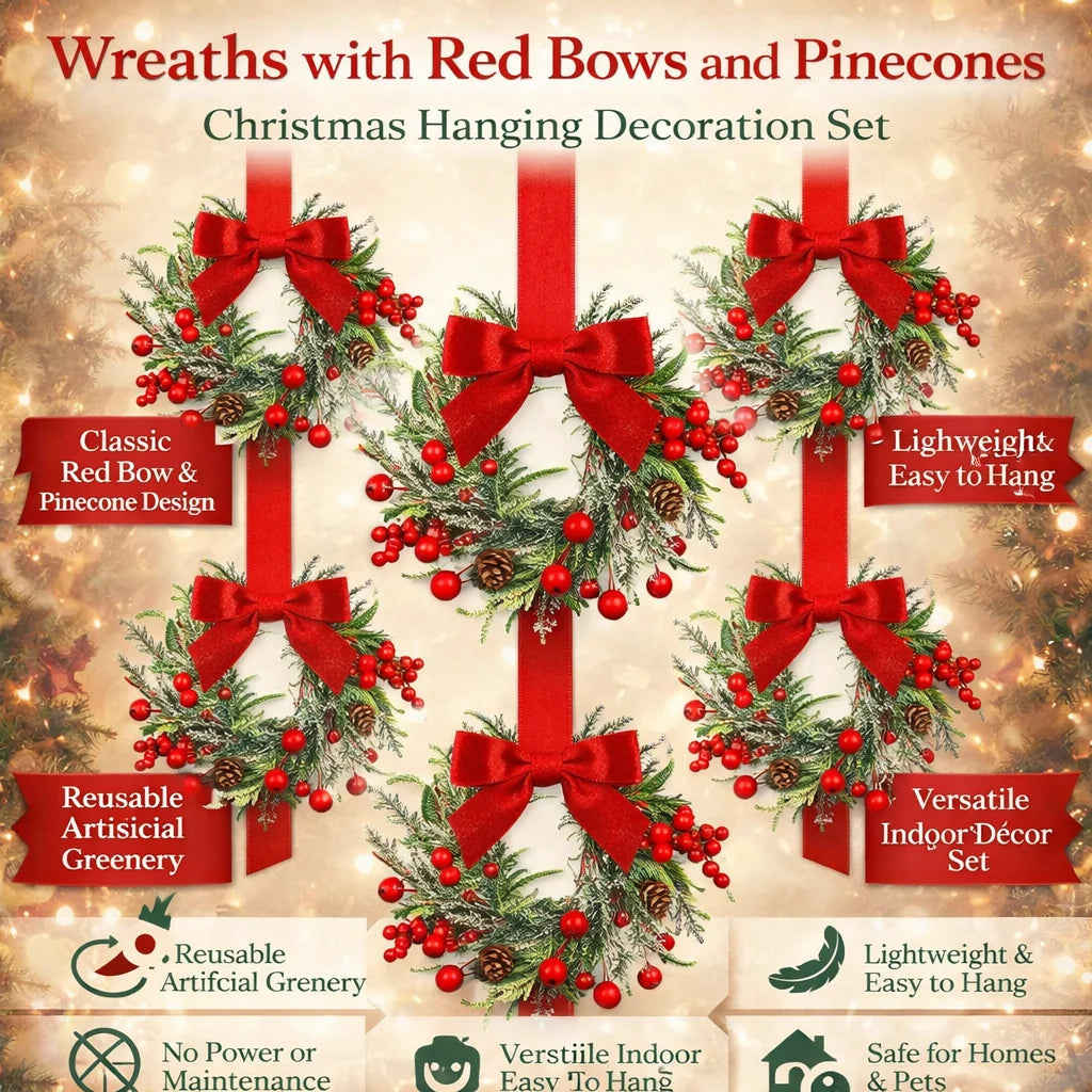 Christmas Wreath Red Bows & Pinecones Polyester Greenery