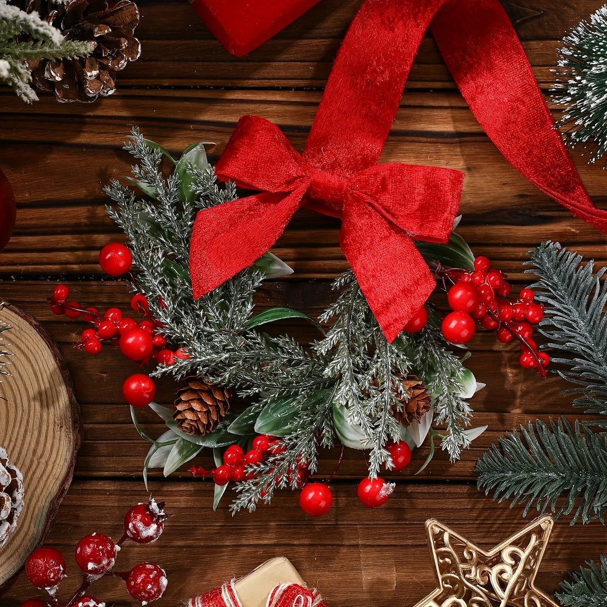 Christmas Wreath Red Bows & Pinecones Polyester Greenery