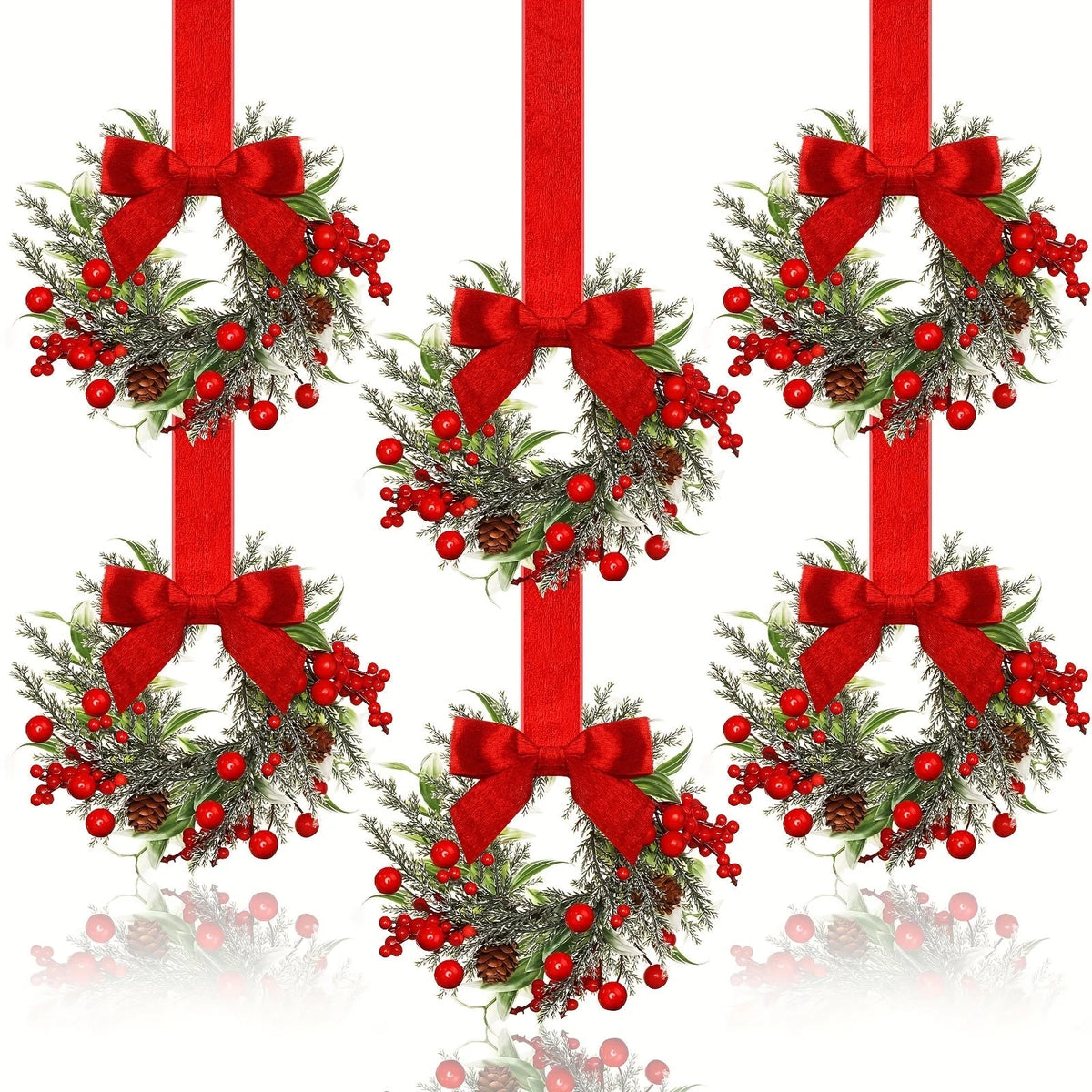 Christmas Wreath Red Bows & Pinecones Polyester Greenery