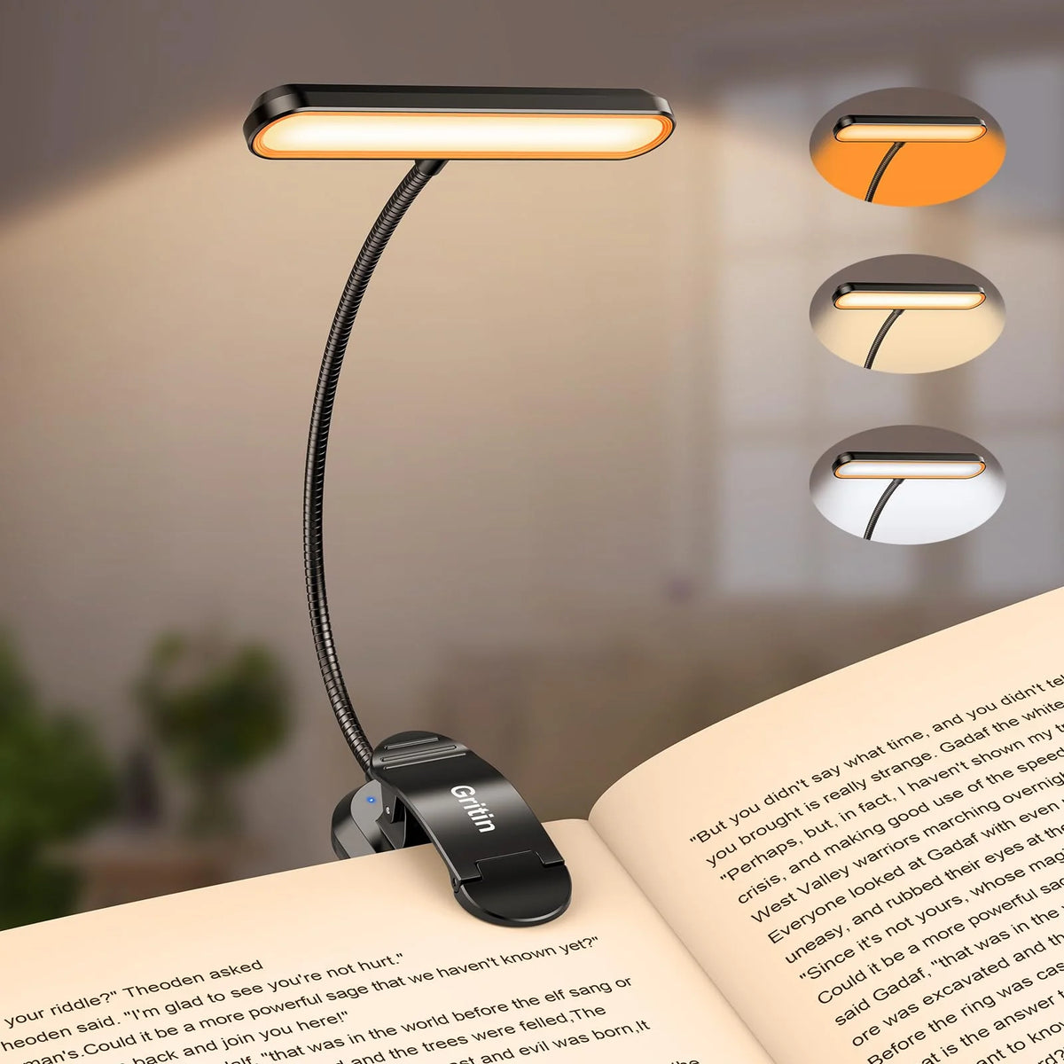 Clip-On Book Light Wide Beam Adjustable Brightness Rechargeable