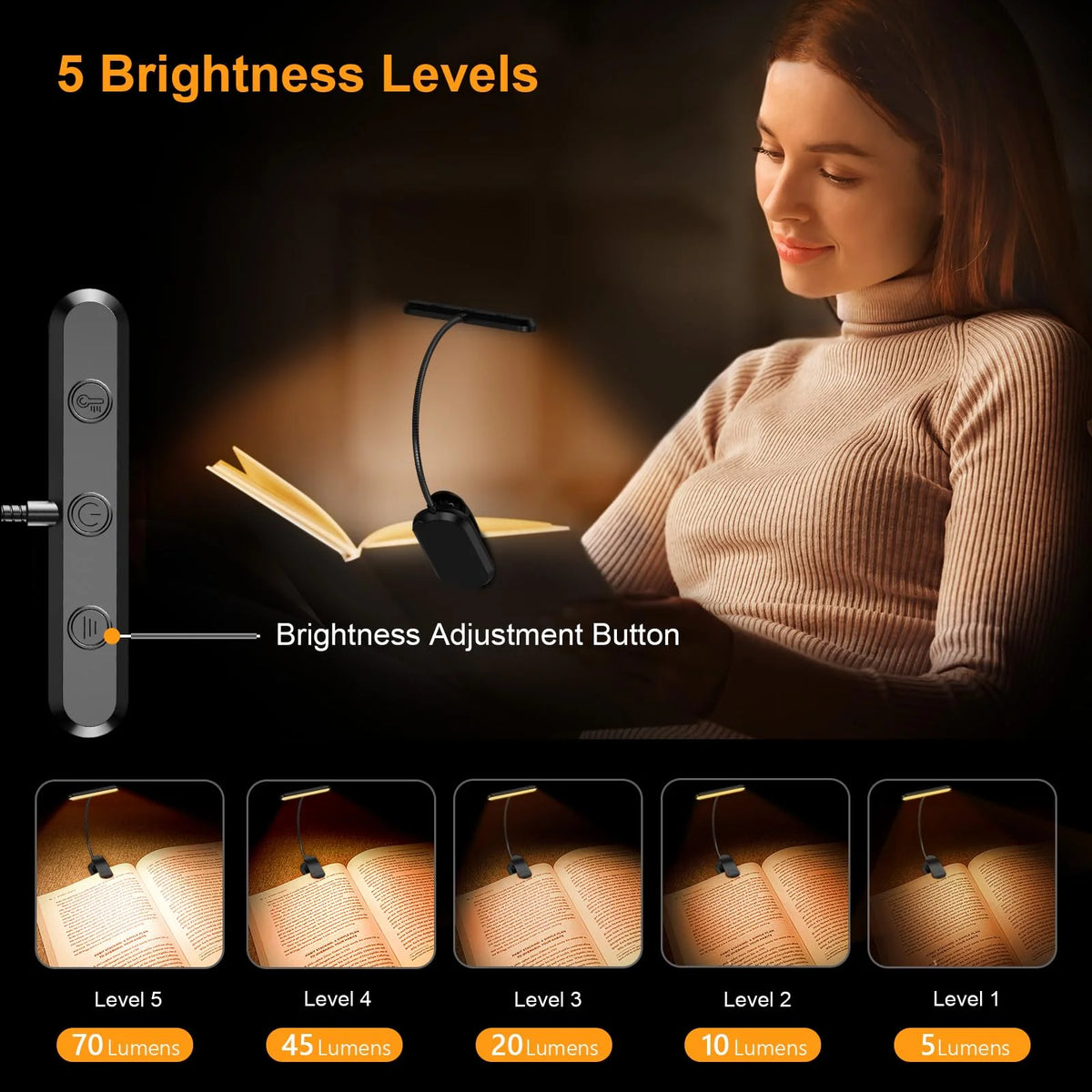 Clip-On Book Light Wide Beam Adjustable Brightness Rechargeable