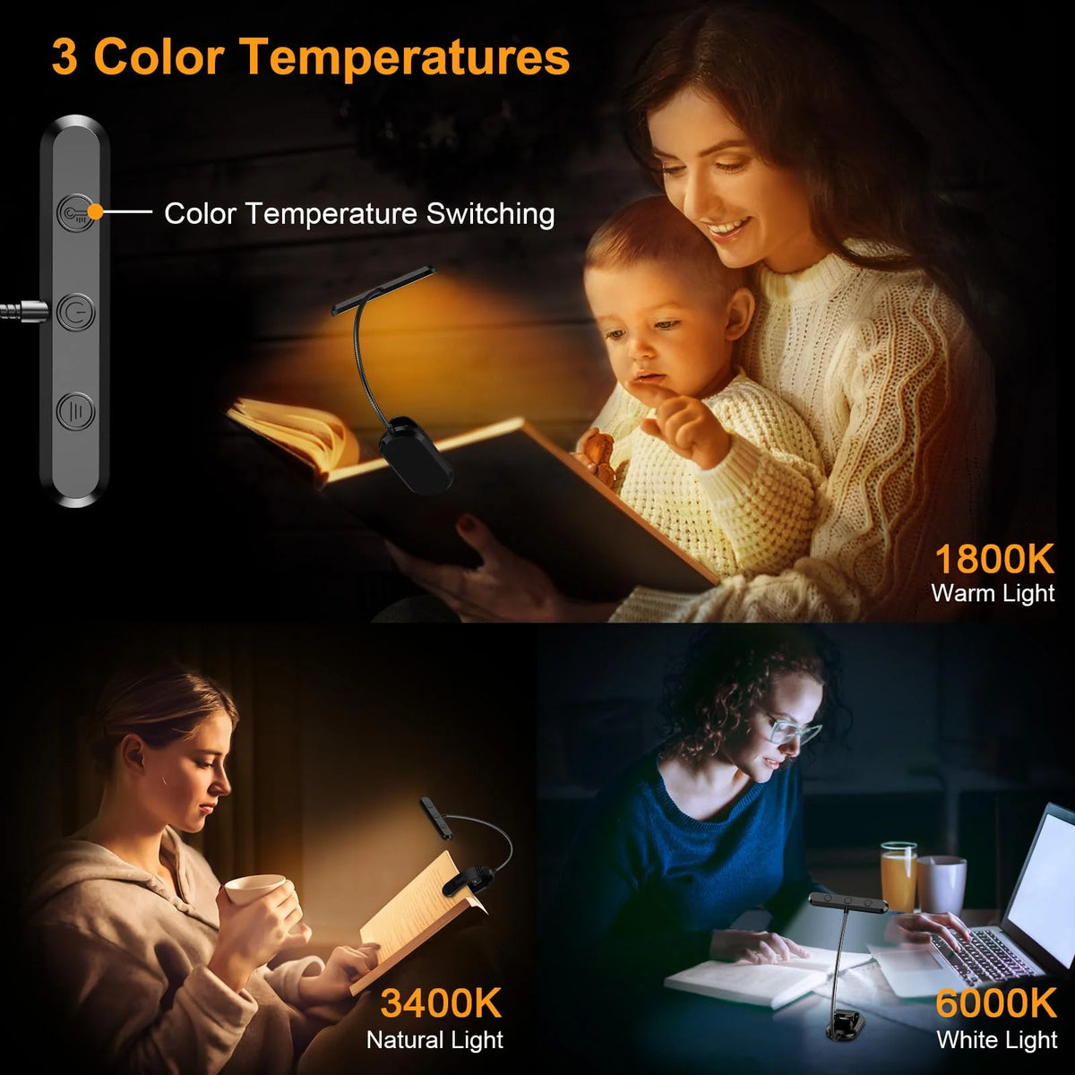 Clip-On Book Light Wide Beam Adjustable Brightness Rechargeable