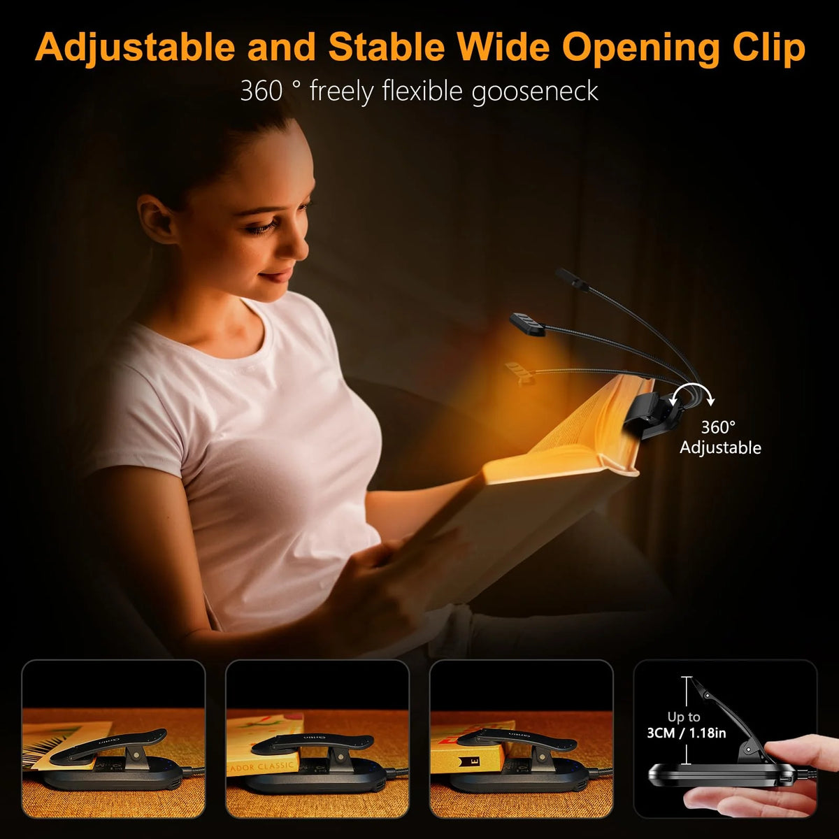 Clip-On Book Light Wide Beam Adjustable Brightness Rechargeable