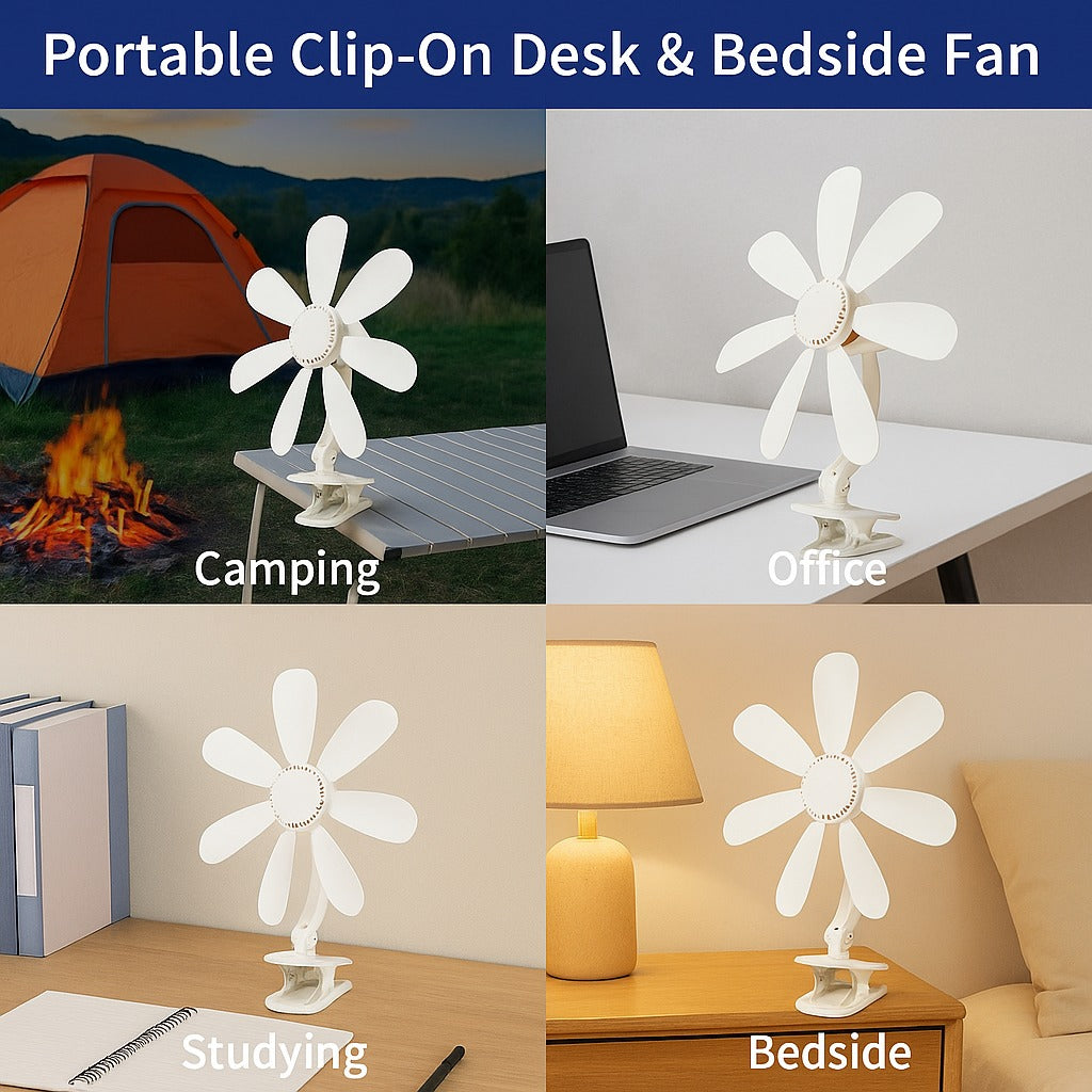 Clip-On Desk Fan Whisper-Quiet Adjustable Airflow & Flexible Neck