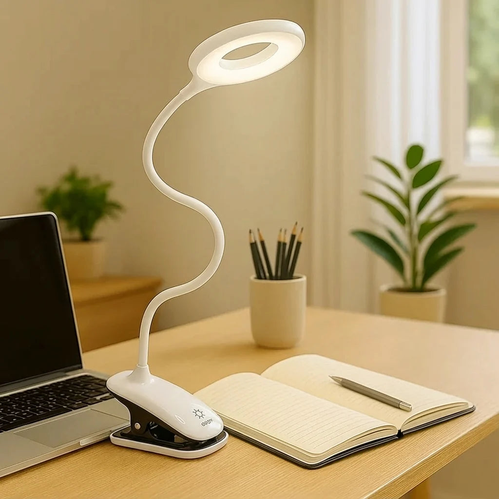 Clip-On Reading Lamp Flexible Goose-Neck Dimmable USB Rechargeable