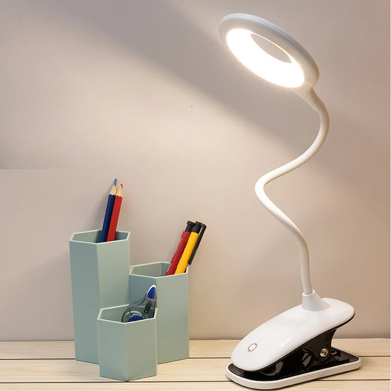 Clip-On Reading Lamp Flexible Goose-Neck Dimmable USB Rechargeable