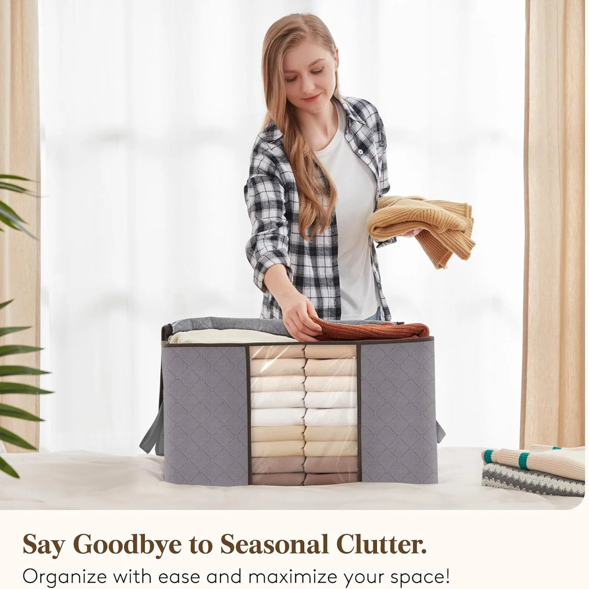 Clothes Storage Box Foldable Clear Window & Double Zipper
