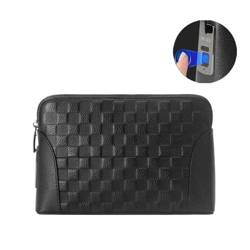 Clutch Wallet Genuine Leather Biometric Fingerprint Lock Multiple Compartments