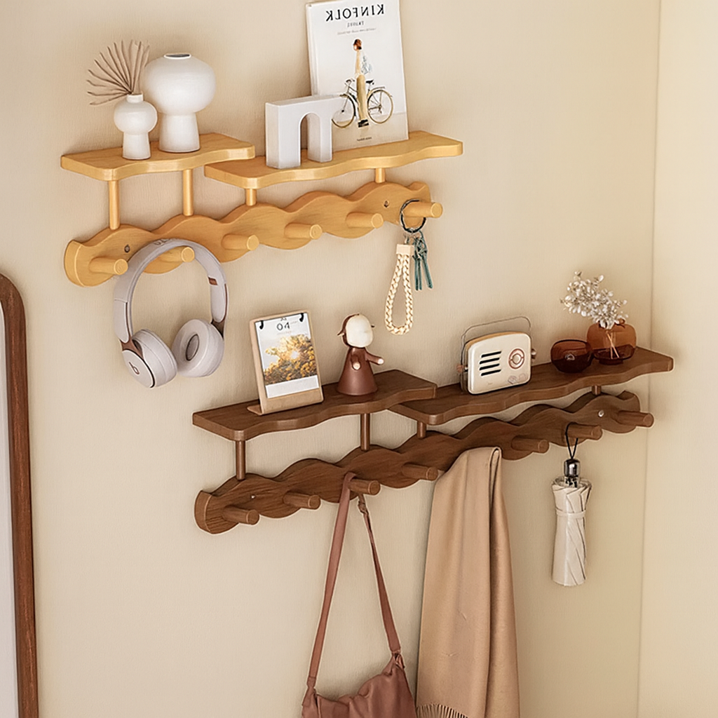 Coat Rack Wall-Mounted Bamboo Shelf & Hooks