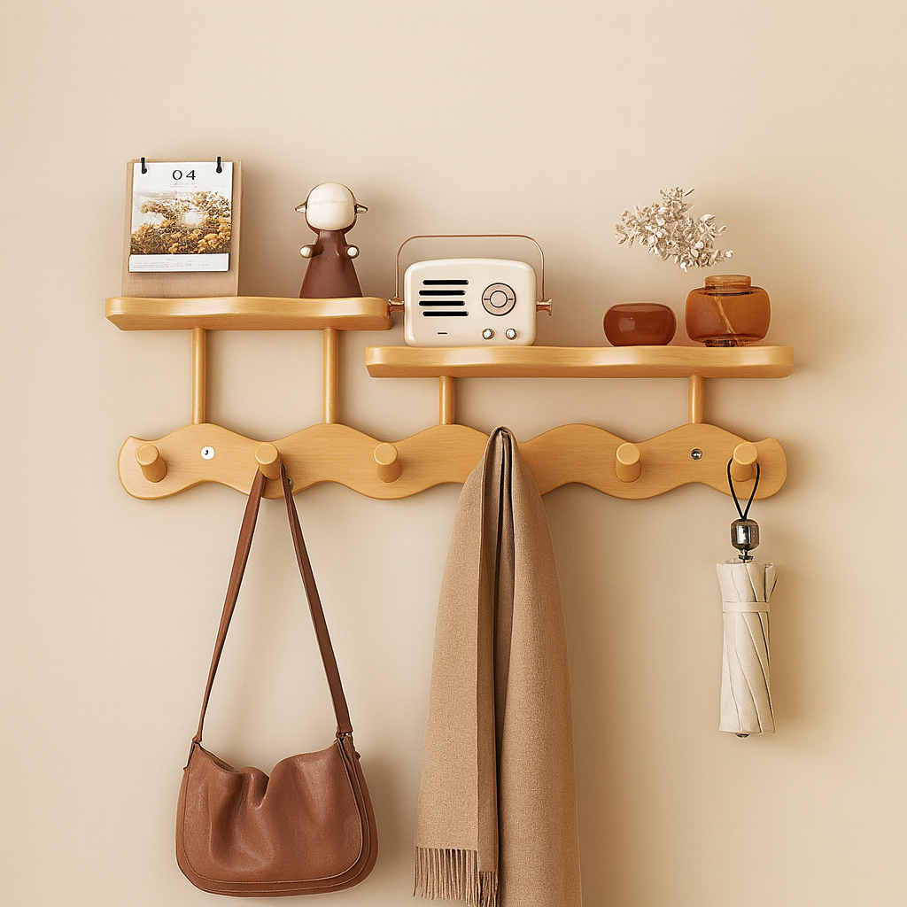 Coat Rack Wall-Mounted Bamboo Shelf & Hooks