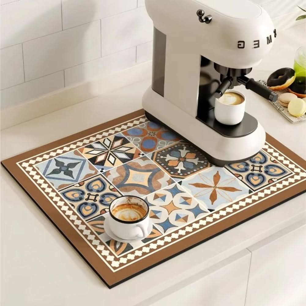 Coffee Mat Absorbent Non-Slip Retro Tile Design