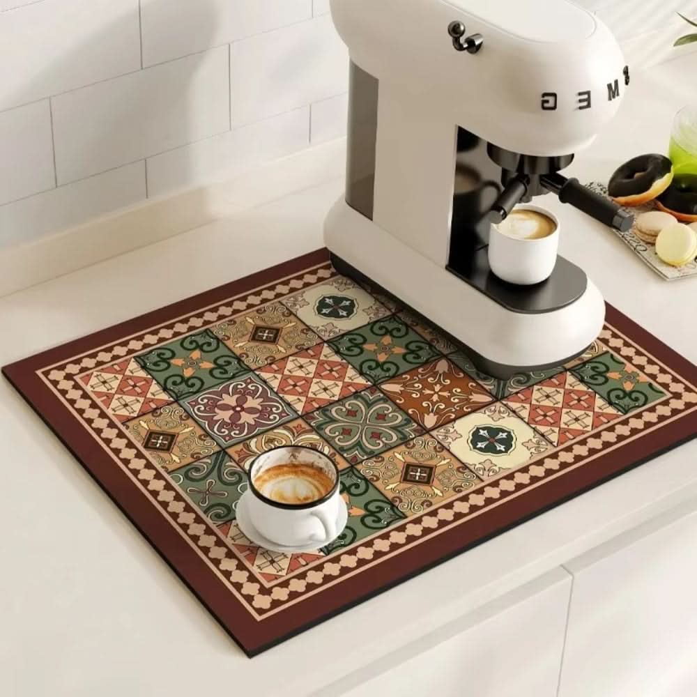 Coffee Mat Absorbent Non-Slip Retro Tile Design