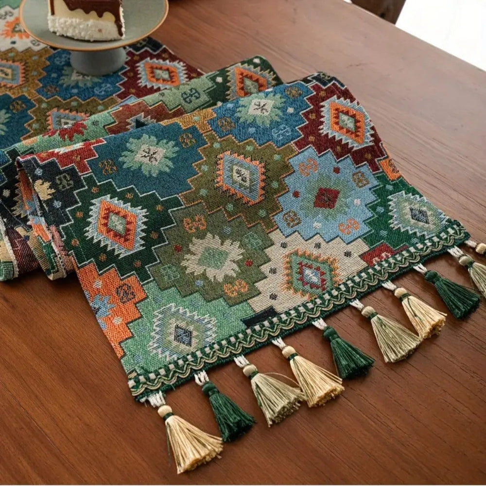 Colorful Geometric Microfiber Tassel Table Runner