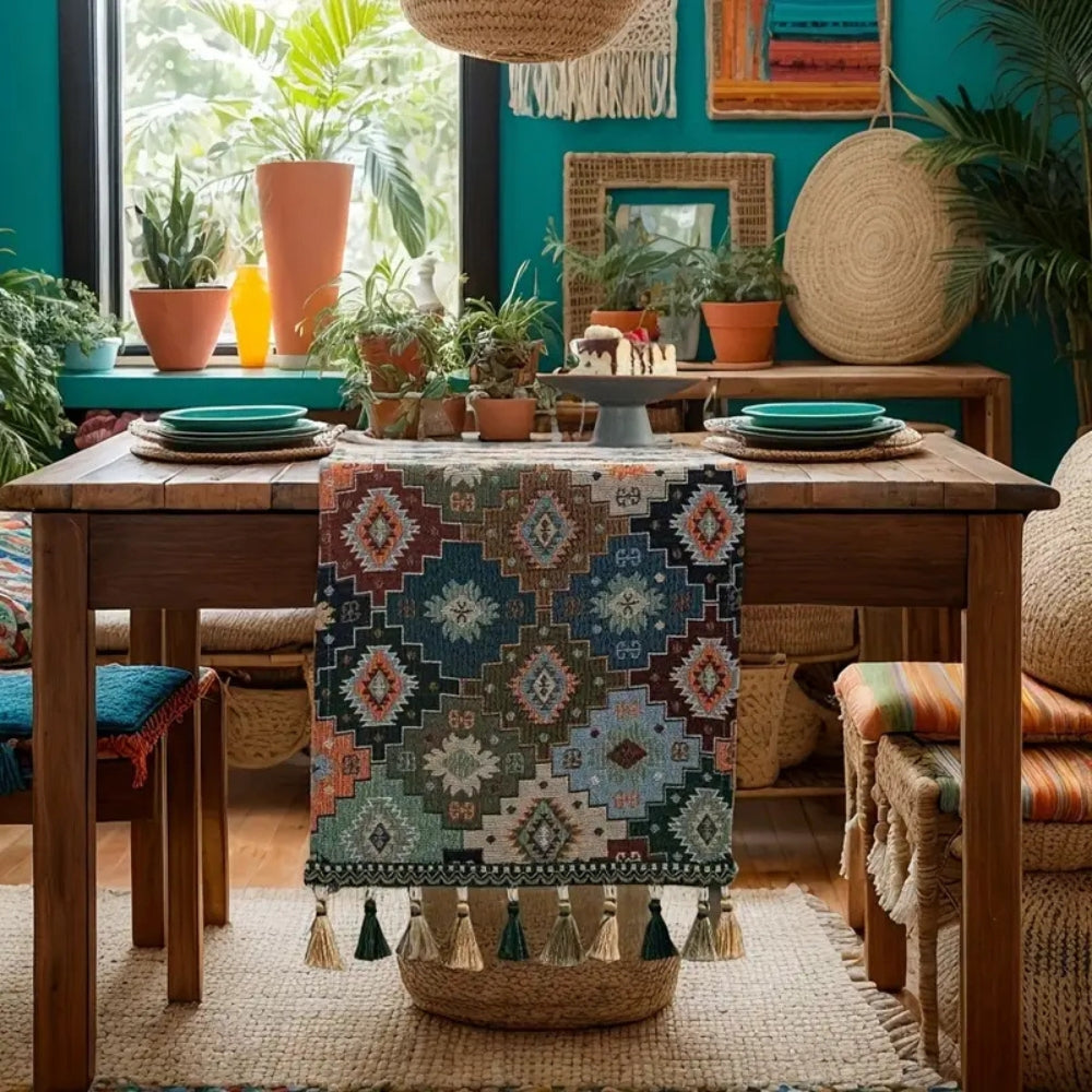 Colorful Geometric Microfiber Tassel Table Runner