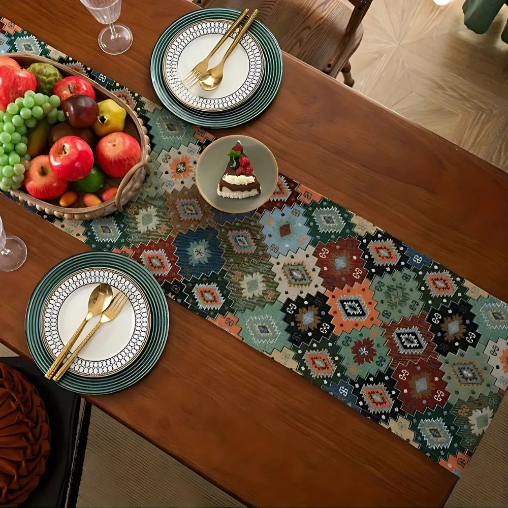Colorful Geometric Microfiber Tassel Table Runner