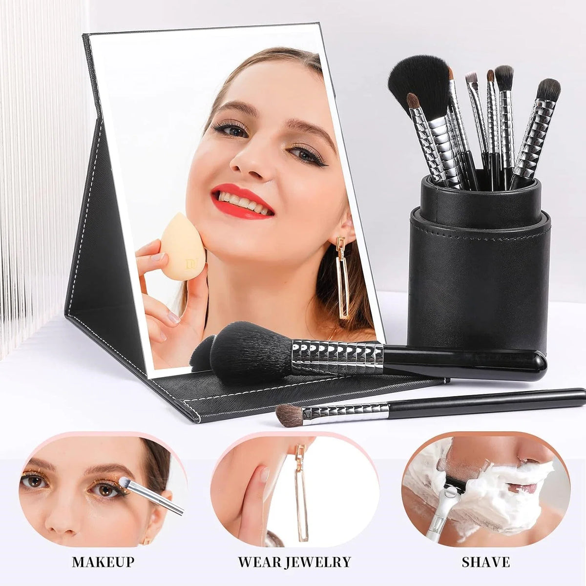 Compact Makeup Mirror Foldable Adjustable Stand Hands-Free