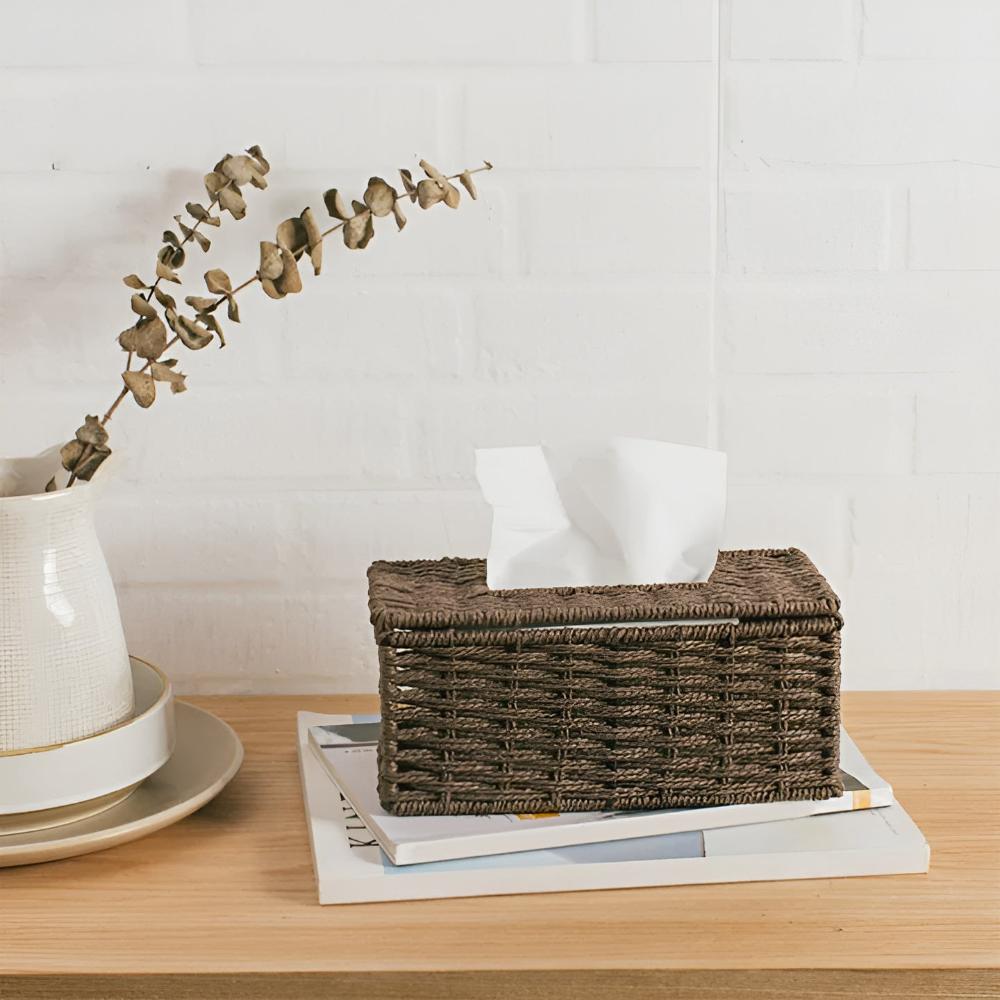 Compact Natural Rattan Tissue Box With Leather Accents