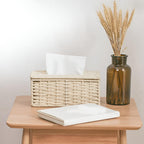 Compact Natural Rattan Tissue Box With Leather Accents