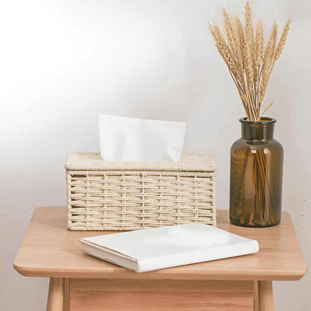 Compact Natural Rattan Tissue Box With Leather Accents