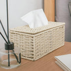 Compact Natural Rattan Tissue Box With Leather Accents