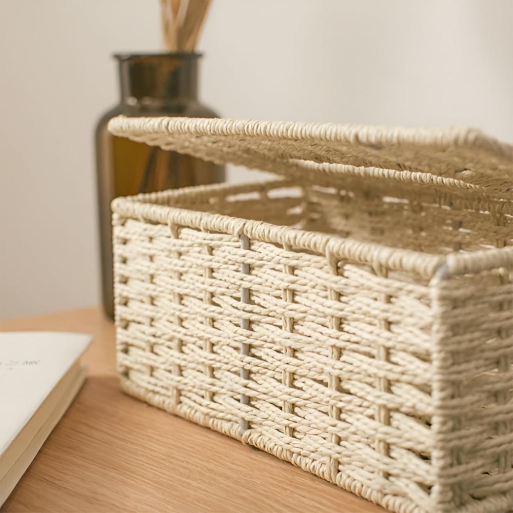 Compact Natural Rattan Tissue Box With Leather Accents
