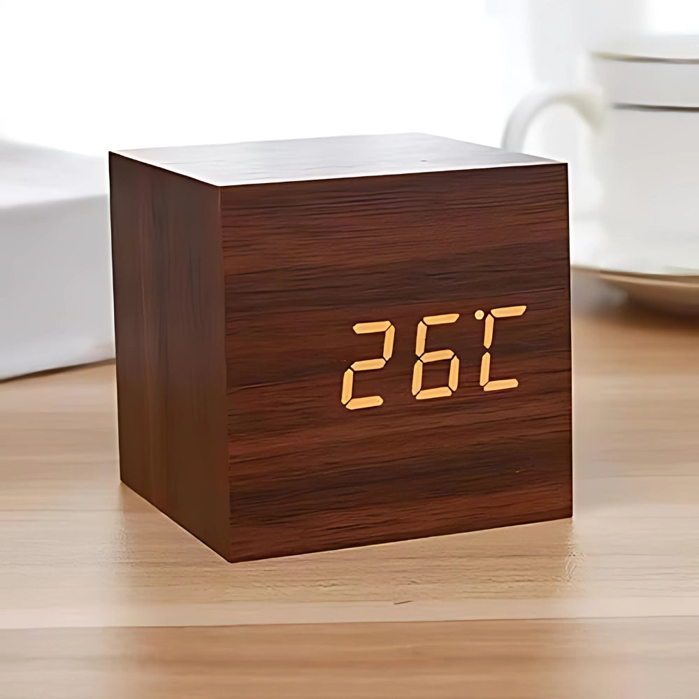 Compact Wood-Grain LED Alarm Clock (USB & Battery)