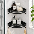 Corner Shower Shelf No-Drill Self-Adhesive Open Grid With Hooks