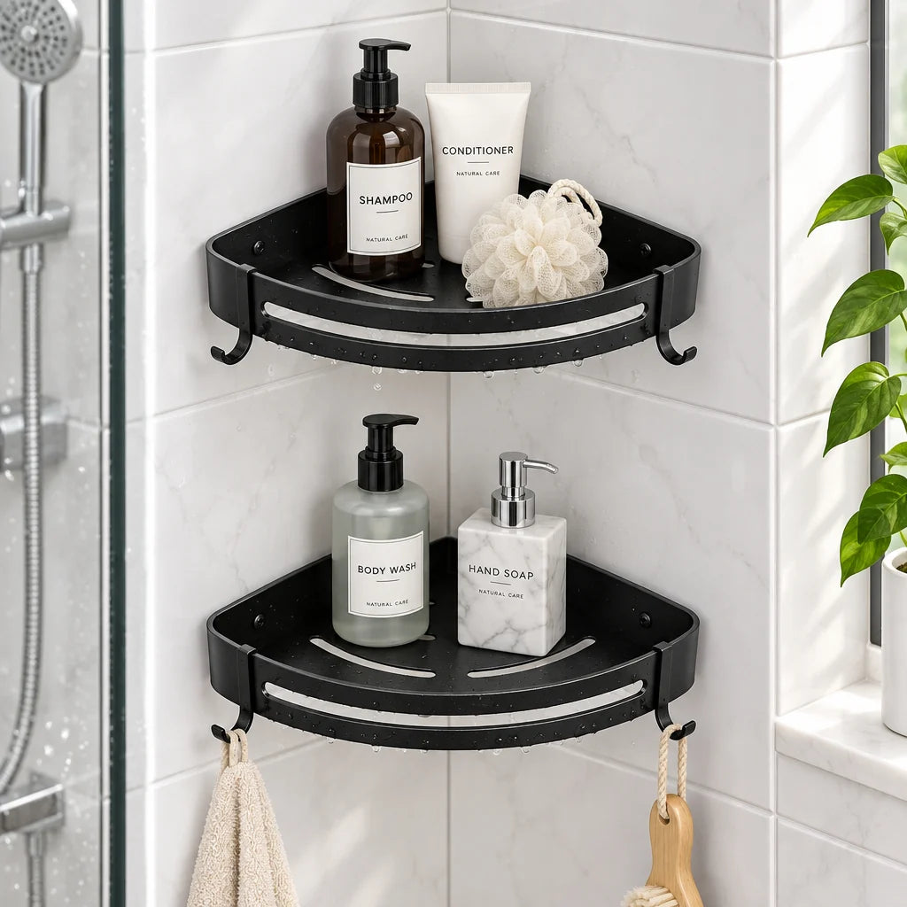 Corner Shower Shelf No-Drill Self-Adhesive Open Grid With Hooks